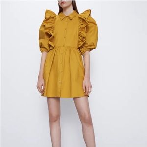 Zara Mustard Voluminous Ruffled Shirtdress